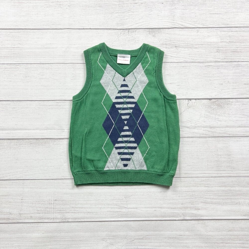 Hanna Andersson Kids Sweater Vest Green Argyle Knit V-Neck Pullover 4